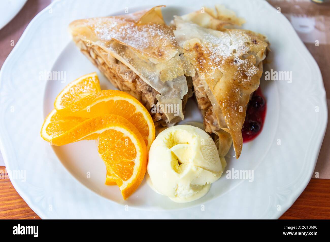 Plate of apple strudel in Hungary. Stock Photo