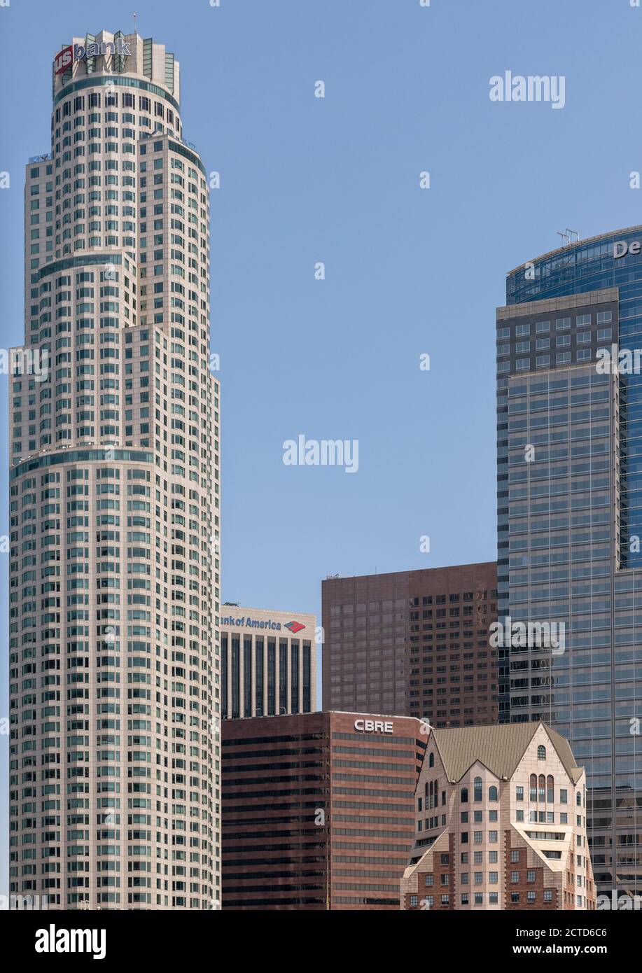 A day shot of Los Angeles Skyline, U.S. Bank Tower, (formerly Library Tower and First Interstate Bank World Center), California, USA. Building completed in 1989. Stock Photo