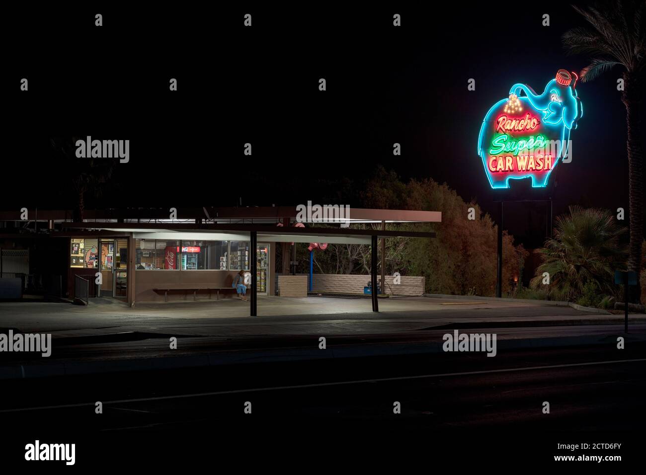 A night shot of The Elephant Car Wash, Rancho Super Car Wash, Rancho