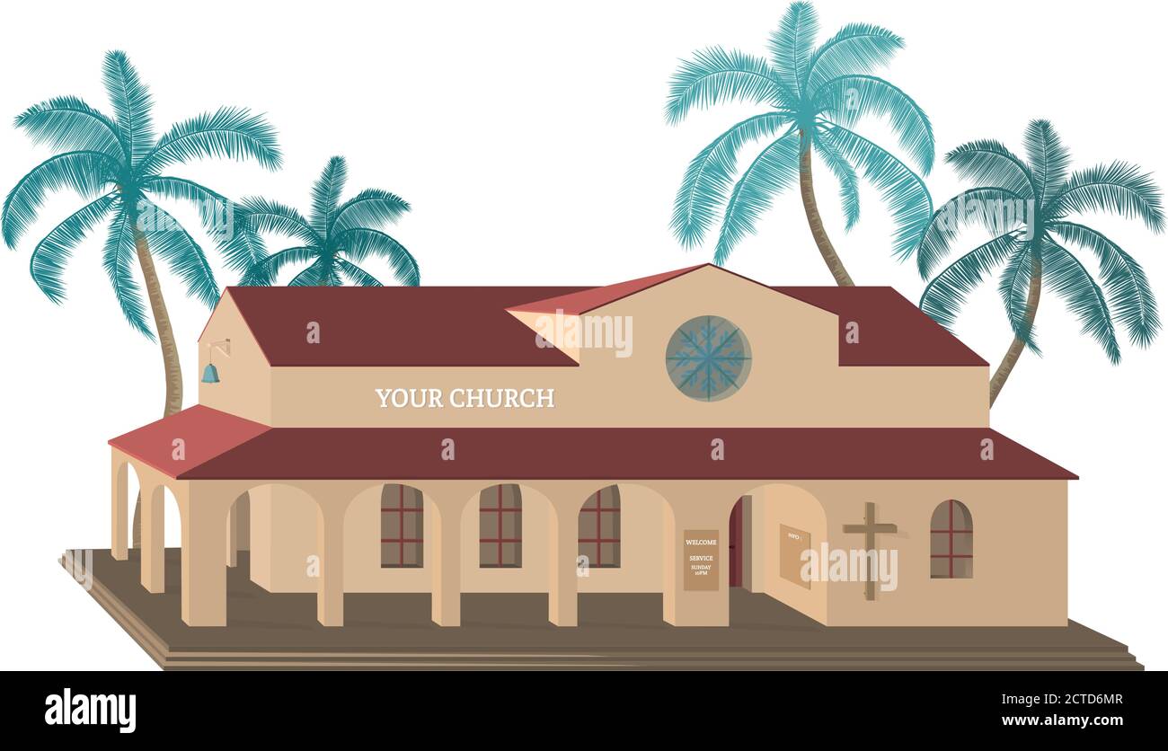 Christian worship and praise. 3d vector church building with palms. Stock Vector