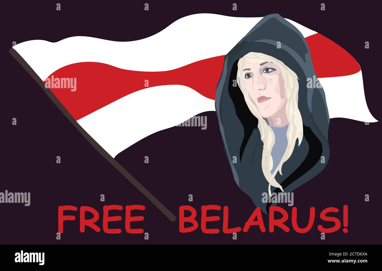 Belarusian woman stands with tears for the freedom of Belarus. Belarusian red-white flag. FREE BELARUS Stock Vector