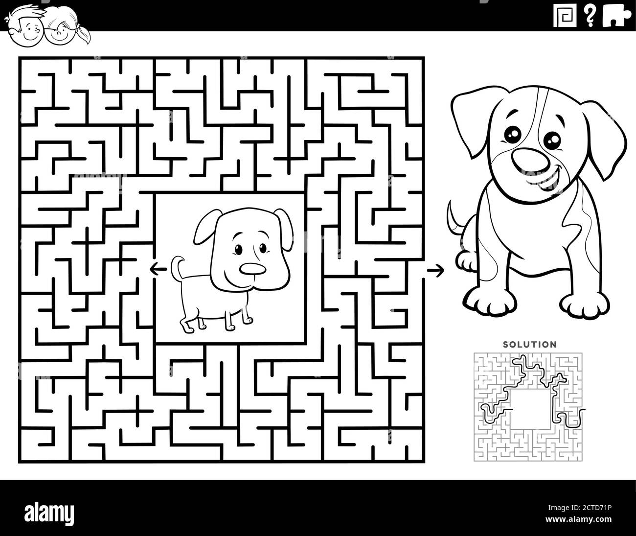 https://c8.alamy.com/comp/2CTD71P/black-and-white-cartoon-illustration-of-educational-maze-puzzle-game-for-children-with-puppies-coloring-book-page-2CTD71P.jpg