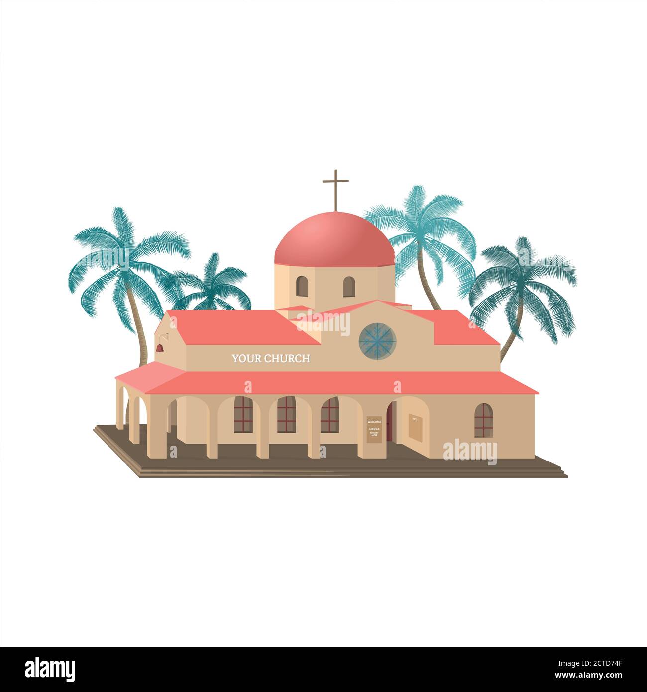 Christian worship and praise. 3d vector church building with palms. Stock Vector