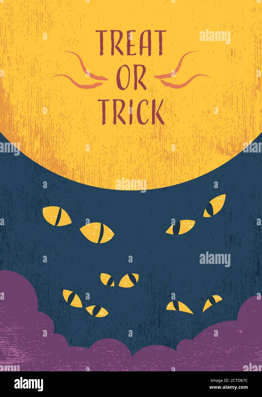 Halloween theme invitation card, Trick or Treat postcard with texture background, Jack O'lantern, potion brewing and spooky night design Stock Vector