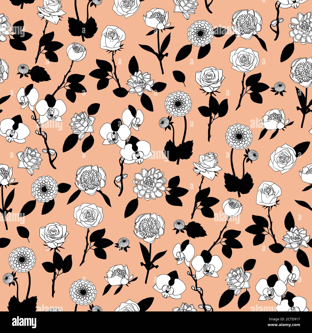 Black and white floral seamless pattern with hand drawn flowers on pink ...