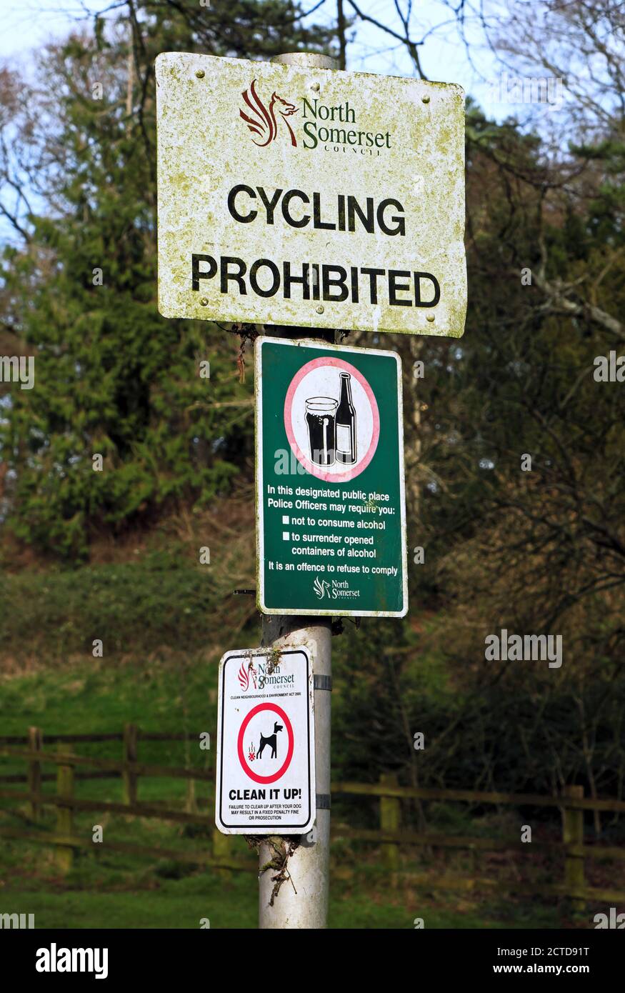 Three signs giving details of things that are prohibited in Ashcombe park in Weston-super-Mare, UK Stock Photo