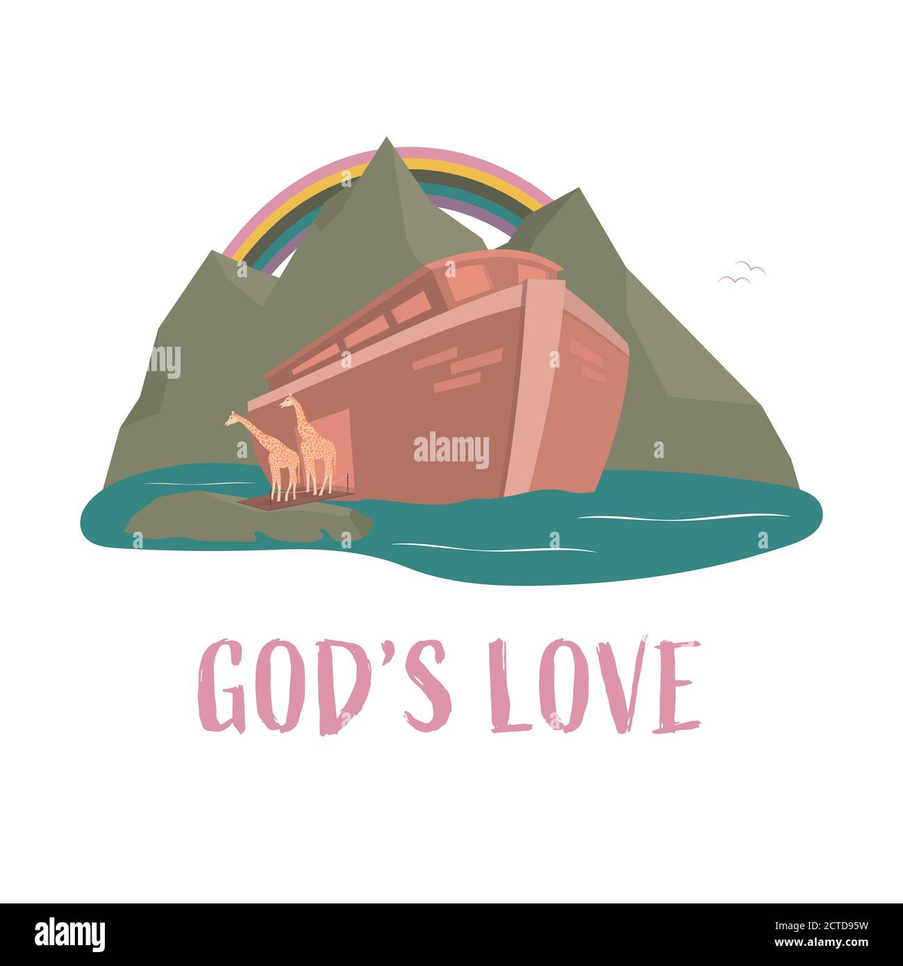 Christian worship and praise. Noah’s ark with rainbow and text: God’s love Stock Vector