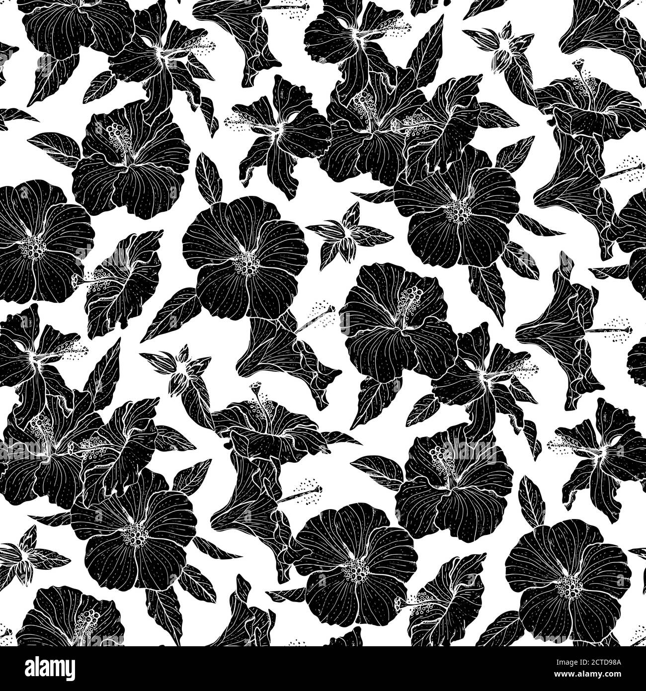 Monochrome floral seamless pattern with hand drawn hibiscus flowers on ...