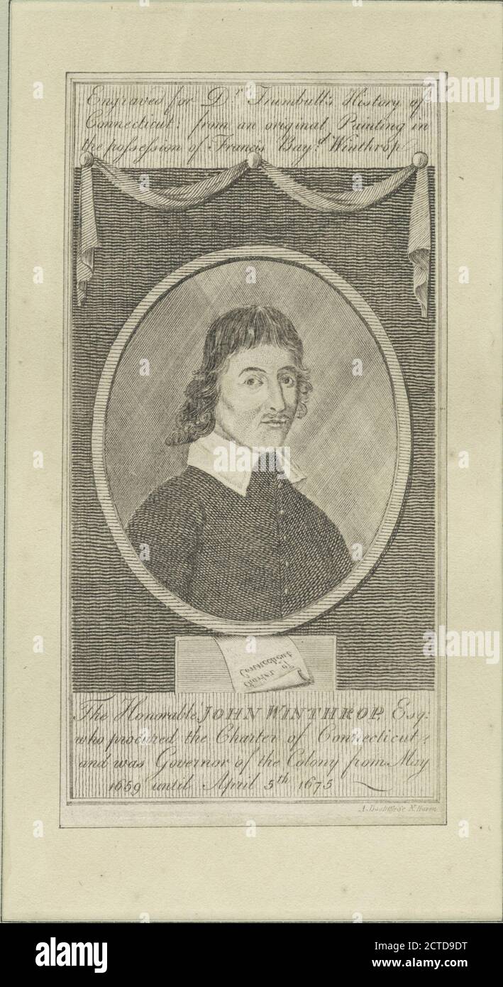 The Honorable John Winthrop, Esq., who procured the Charter of Connecticut and was governor of the colony from May 1659 until April 15th 1675., still image, Prints, 1777 - 1890, Doolittle, Amos (1754-1832 Stock Photo