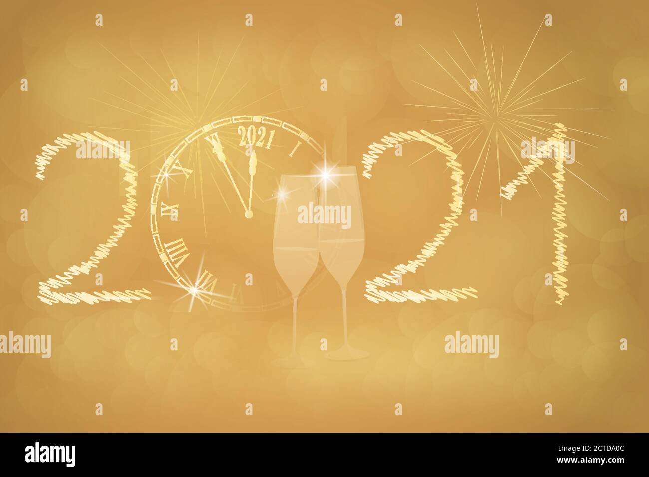 Happy New Year - 2022. Two glasses with big retro clock and fireworks in golden colors. Stock Vector