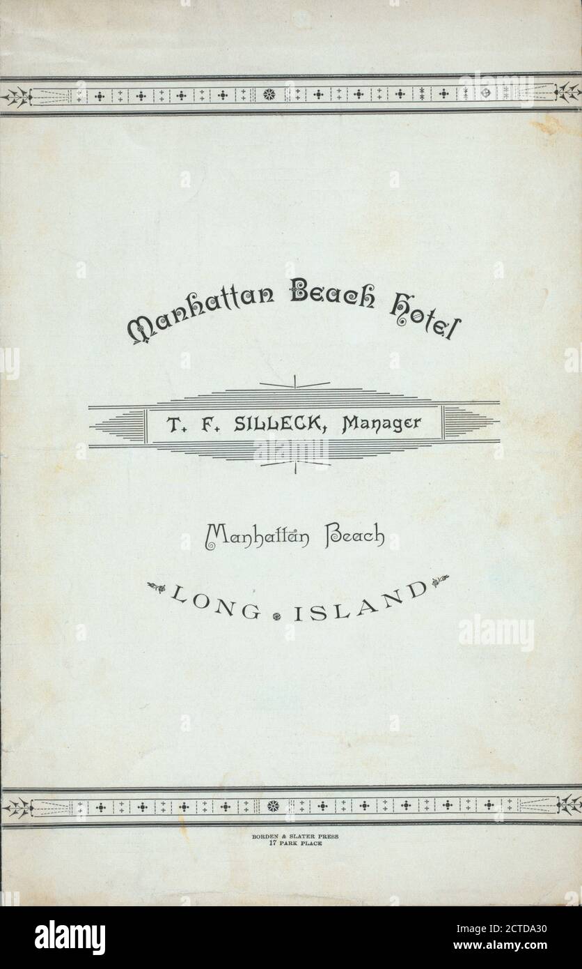 BILL OF FARE held by MANHATTAN BEACH HOTEL at 'MANHATTAN BEACH, LONG ISLAND, NY' (HOTEL), still image, Menus, 1892 Stock Photo