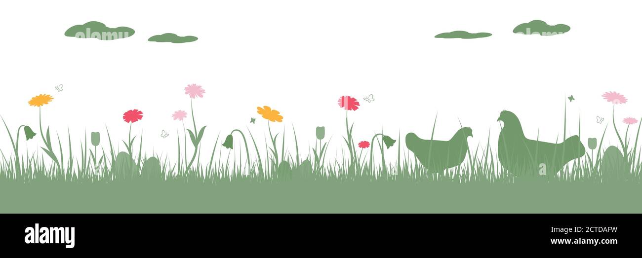 Happy Easter. Field with rabbit fishing Easter eggs, butterfly and flowers.  Stock Vector