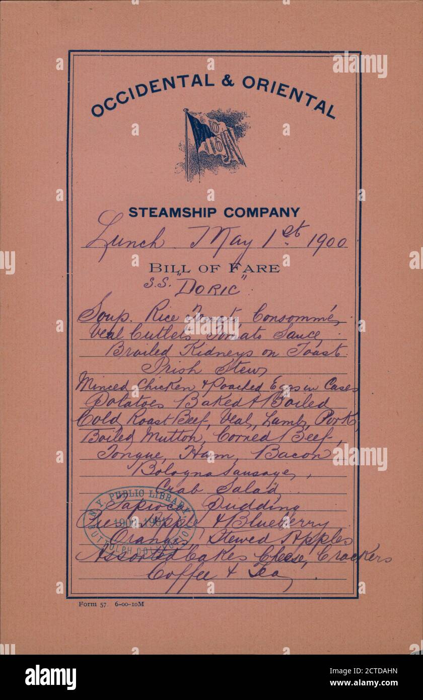 LUNCH held by OCCIDENTAL & ORIENTAL STEAMSHIP COMPANY at SS DORIC; (SS;), text, Menus, 1900 Stock Photo