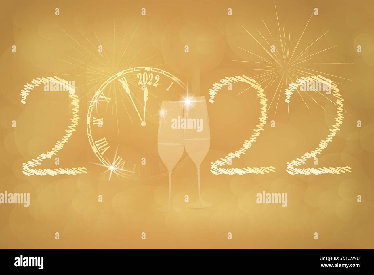 Happy New Year - 2022. Two glasses with big retro clock and fireworks in golden colors. Stock Vector