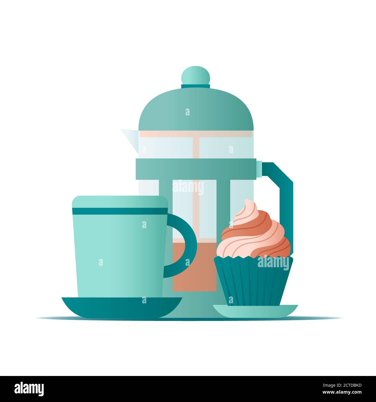 Flat illustration french press and cup of coffee with cap cake on white background for concept design. Vector Stock Vector