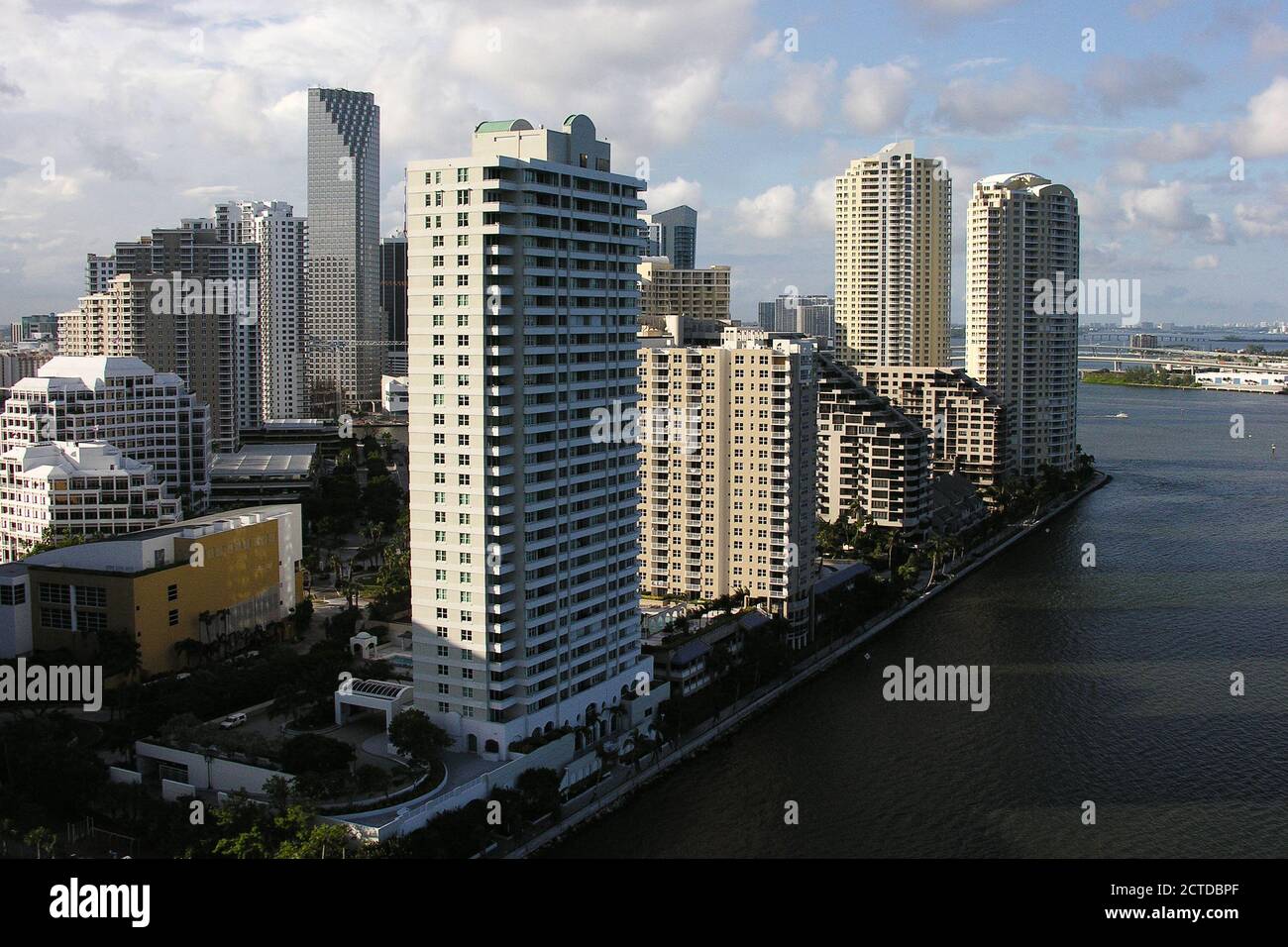 Miami, Florida, USA - September 2005:  Archival view of waterfront condo and apartment towers in downtown Miami. Stock Photo
