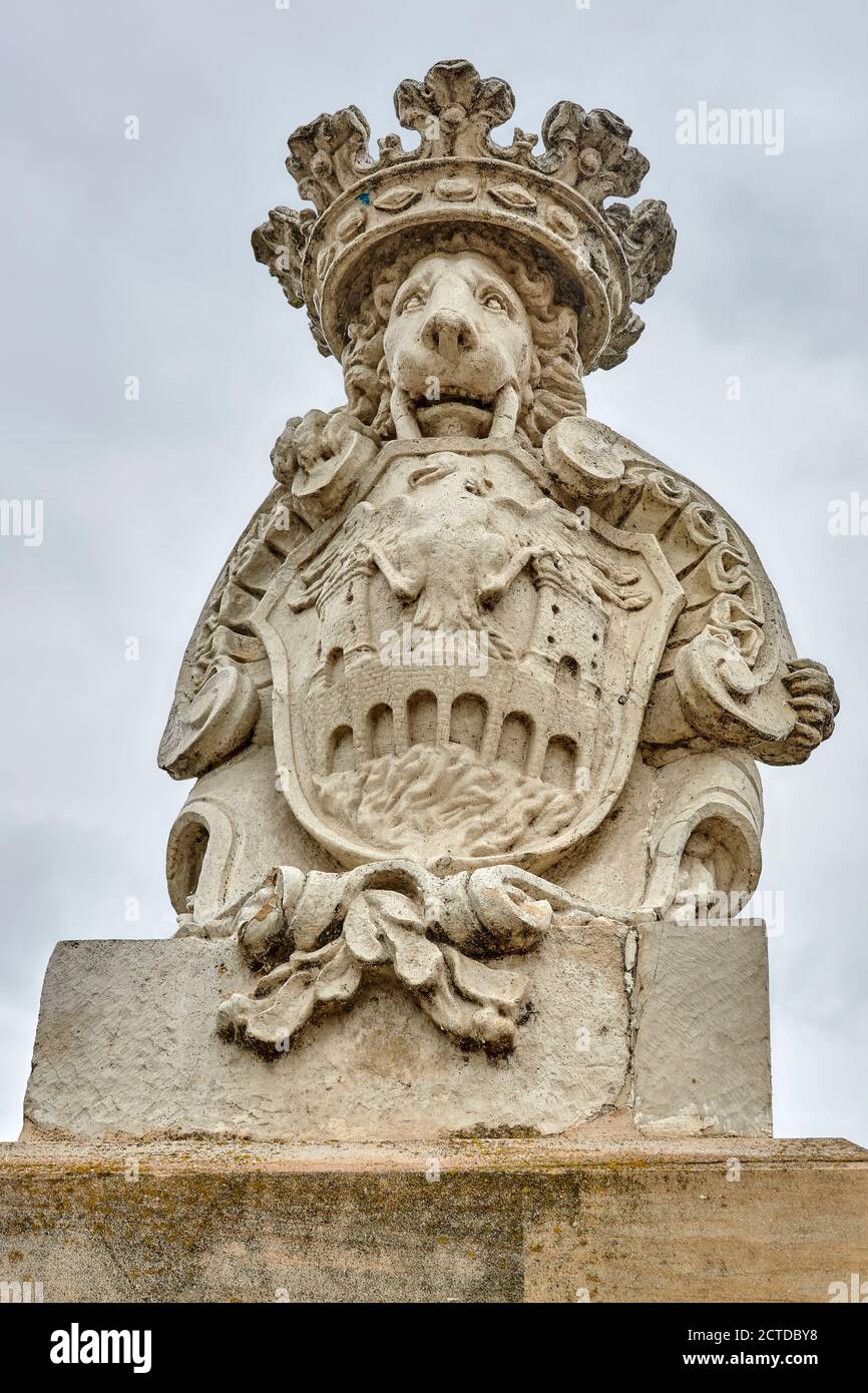 Lion sculpted by the Alava artist Juan Antonio de Moraza in 1787. It holds the shield of the city. Miranda de Ebro, Burgos, Castile and Leon, Spain, Stock Photo