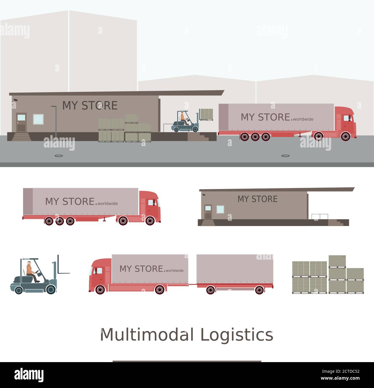 Logistics and Warehousing. Truck being charged with pallets by a forklift. Industrial landscape. Stock Vector