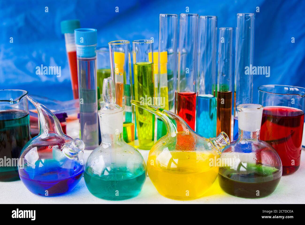 Laboratory instruments, glassware and reagents, colorful liquid ...