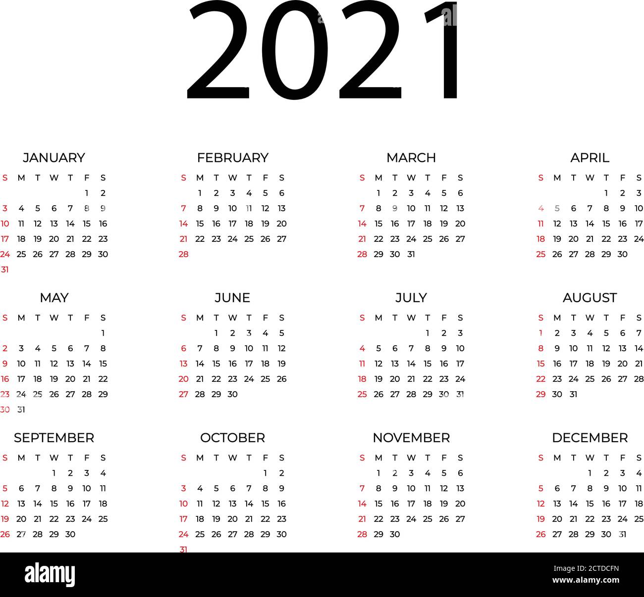 Calendar for 2021 year. Stock Vector