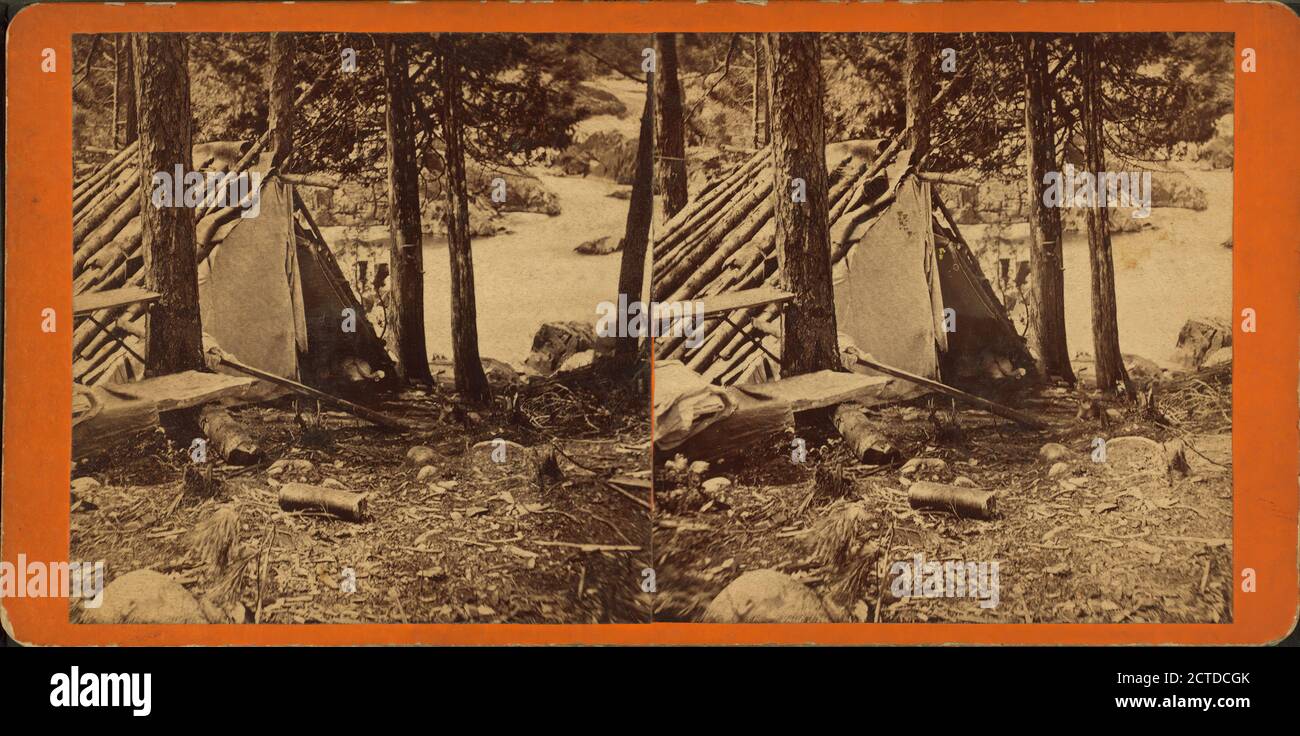 South shore ramblings. lean-to set among trees., still image, Stereographs, Childs, B. F. (Brainard F.) (ca. 1841-1921 Stock Photo