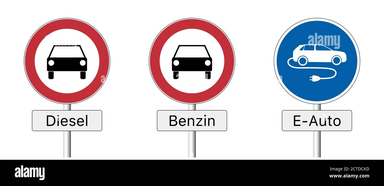 Diesel ban. Traffic sign prohibiting the use of diesel and gasoline vehicles and permitting the use of  e-cars only (in German). Stock Vector