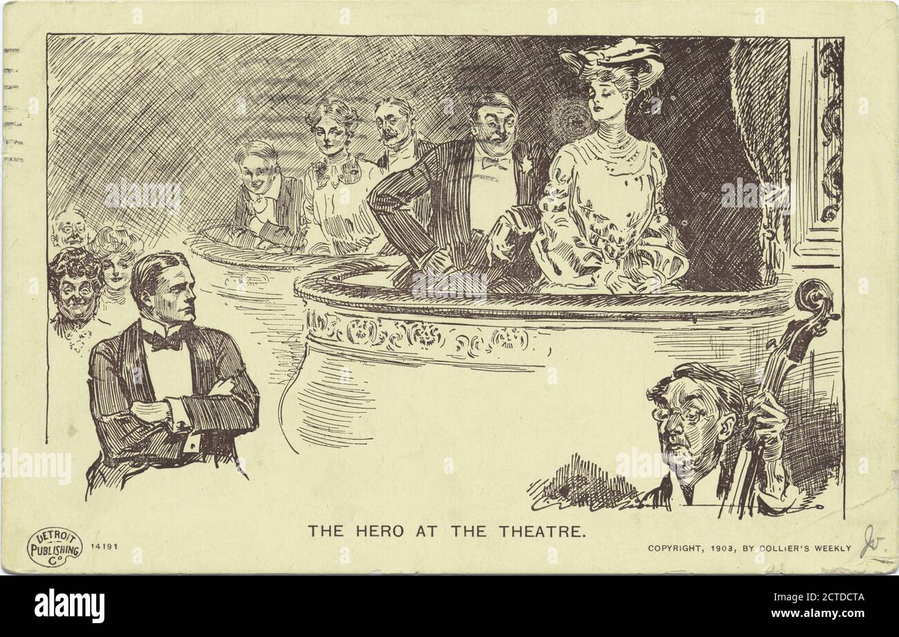 The Hero at the Theatre, Life Cartoons, still image, Postcards, 1898 - 1931 Stock Photo