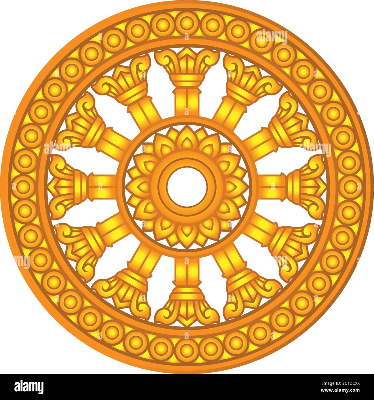 Golden dharma wheel in Buddhism religion concept. another name is Dhamma Chak or Wheel of Dharma This picture is used as a symbol of the Thai Sangha. Stock Vector