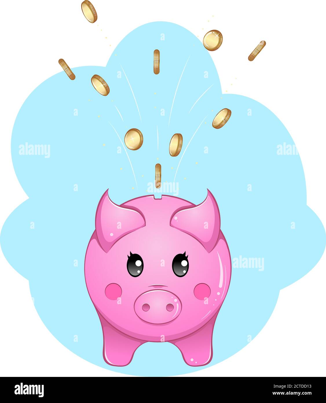 Cute piggy bank with coins a front view. Conceptual symbol of saving money. Hand drawn illustration isolated on white background. Vector icon. Design element for banking, deposit, financial sign. Stock Vector