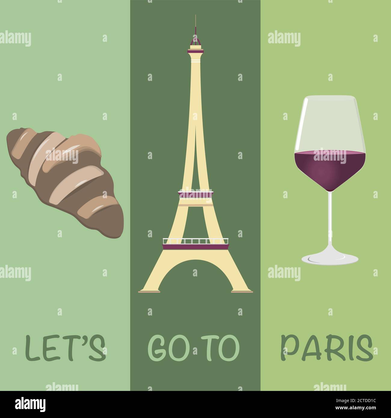 Let’s go to Paris. Eiffel tower, croissant and a glass of red wine in pistachio colors. Stock Vector