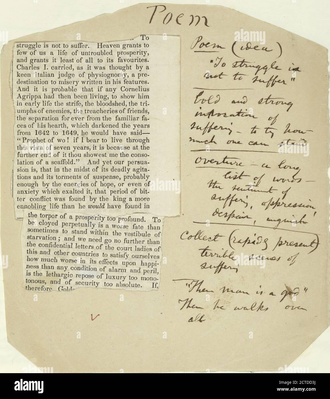 Leaf mounted with one holograph manuscript written on a scrap of light tan paper, text, Manuscripts, 1855, Whitman, Walt, 1819-1892 Stock Photo