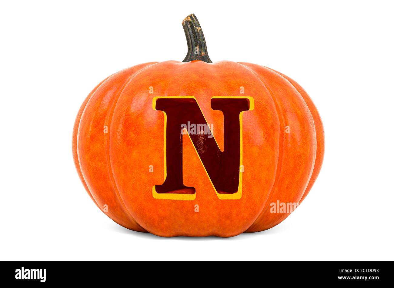 Letter N Halloween Font. Pumpkin with carved letter, 3D rendering