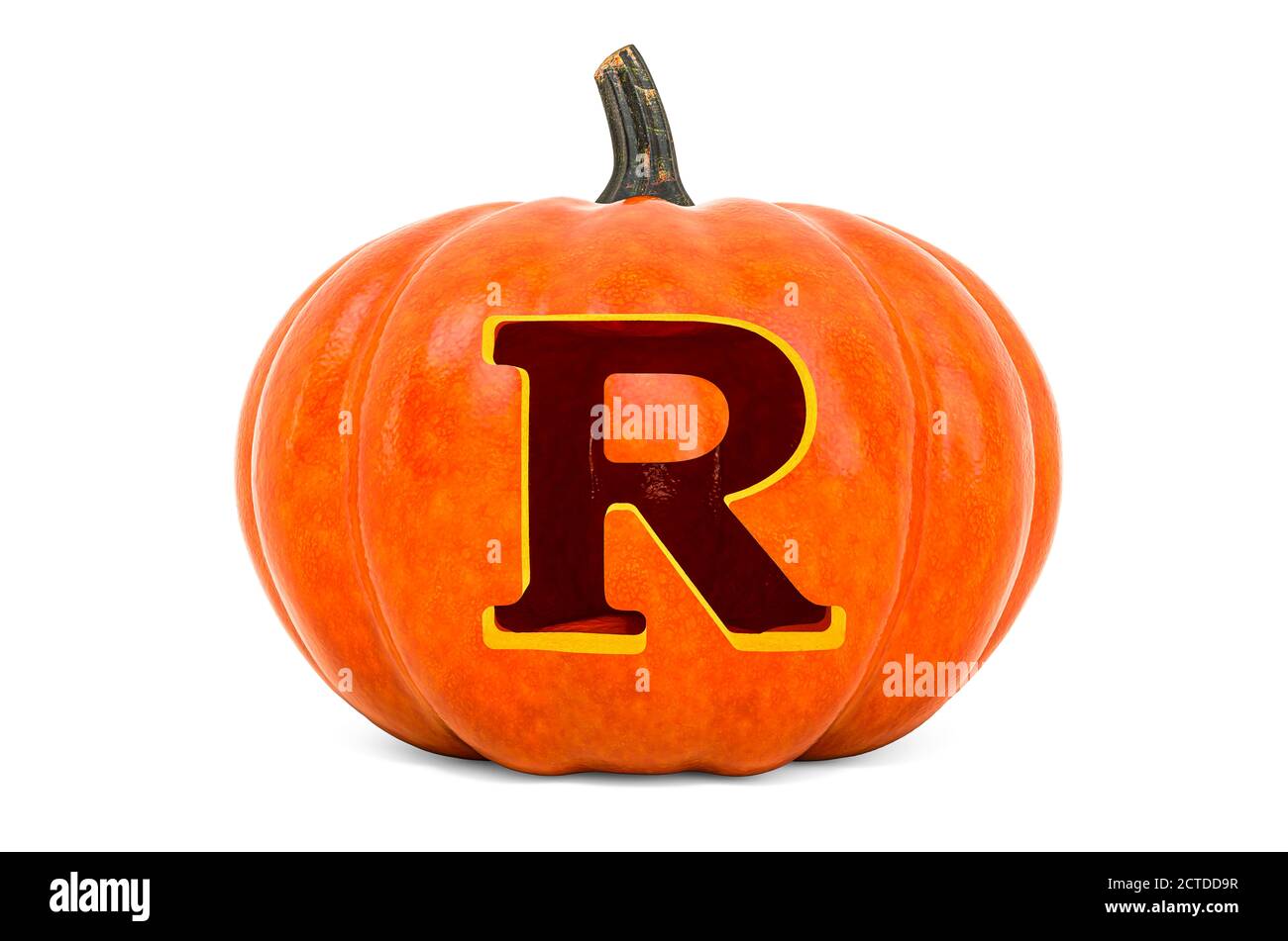 Letter R Halloween Font. Pumpkin with carved letter, 3D rendering