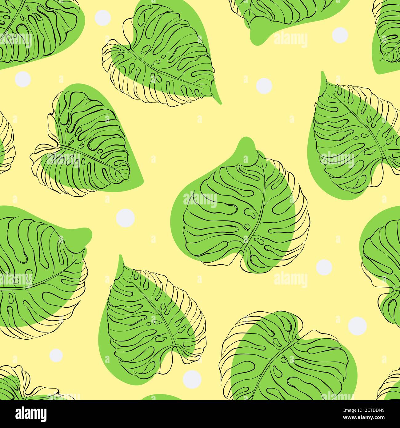Seamless vector pattern with monstera tropical leaf on yellow background. Hand drawn illustration. Fabric, wrapping paper texture. Design for card, postcard, poster, banner. Stock Vector