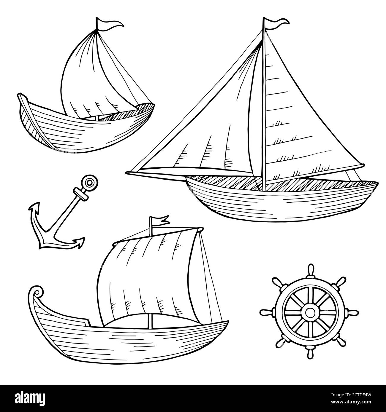Boat set graphic black white sketch illustration vector Stock Vector