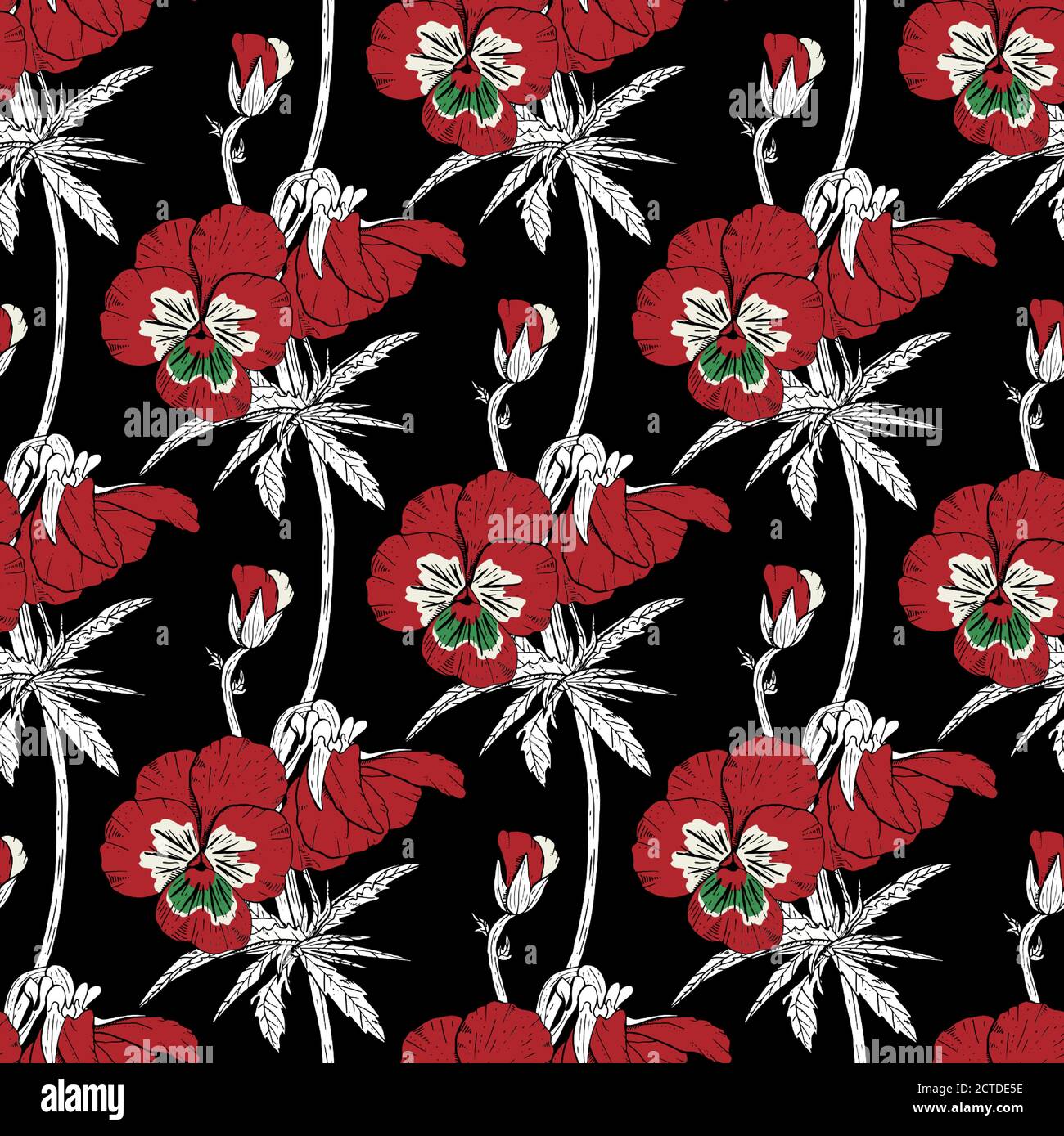 Colorful floral seamless pattern with hand drawn pansy flowers on black ...