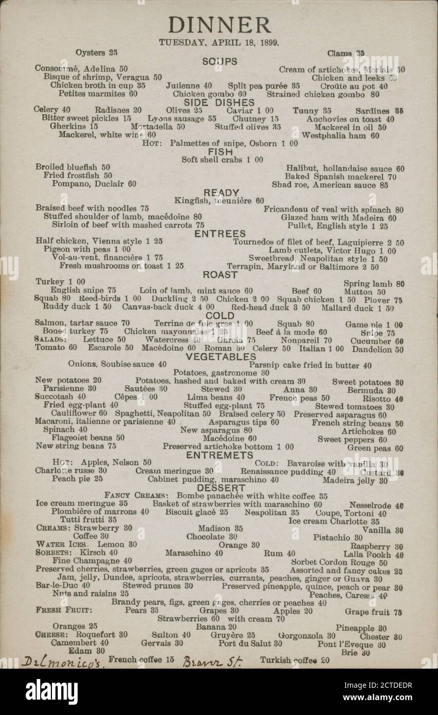 DINNER held by DELMONICO'S at BEAVER ST. NY (REST;), still image, Menus, 1899 Stock Photo