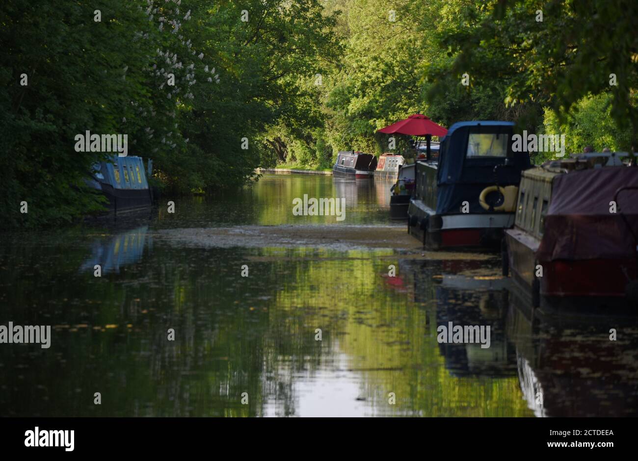 Boats at rest, reflected in the still waters of the Grand Union Canal in Milton Keynes Stock Photo