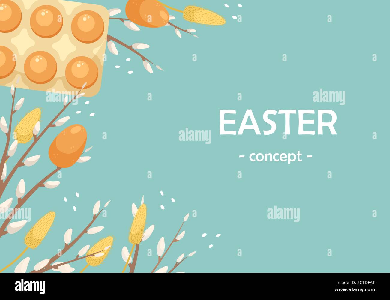 Easter template with space for text. Flat lay background with Easter eggs and willow branches. Stock Vector