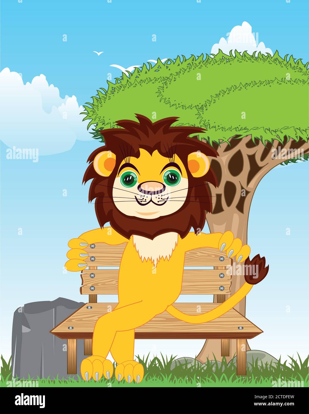 Animal lion sitting on bench on background of the nature Stock Vector