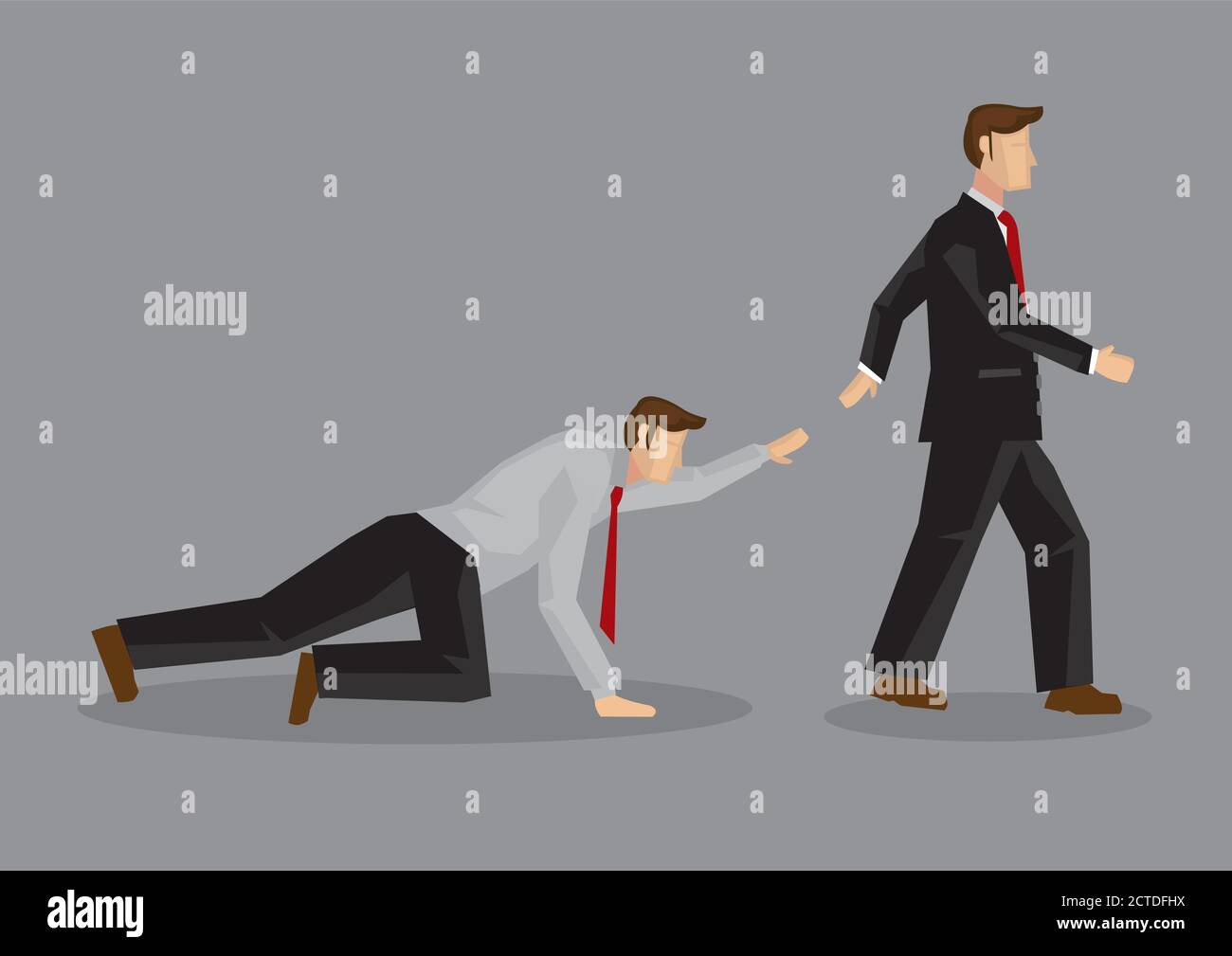 Cartoon uncaring businessman walking away from coworker crawling on the floor and calling out for help. Vector illustration on lack of empathy in indi Stock Vector