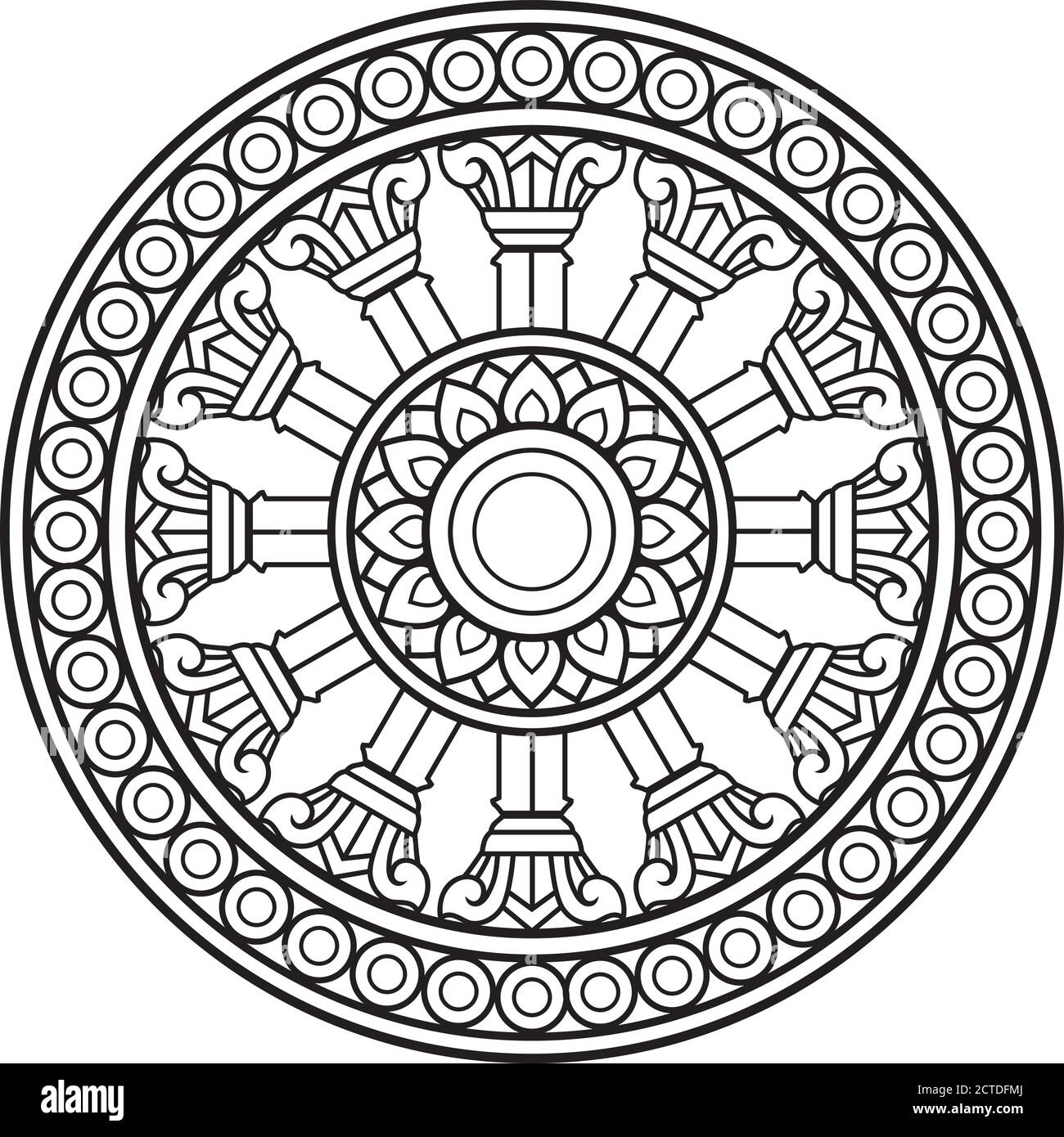 Dharma wheel in Buddhism religion concept. another name is Dhamma Chak or Wheel of Dharma This picture is used as a symbol of the Thai Sangha. Unique Stock Vector