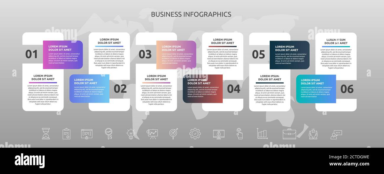 Infographics rectangle with six steps, icons. Vector template used for ...
