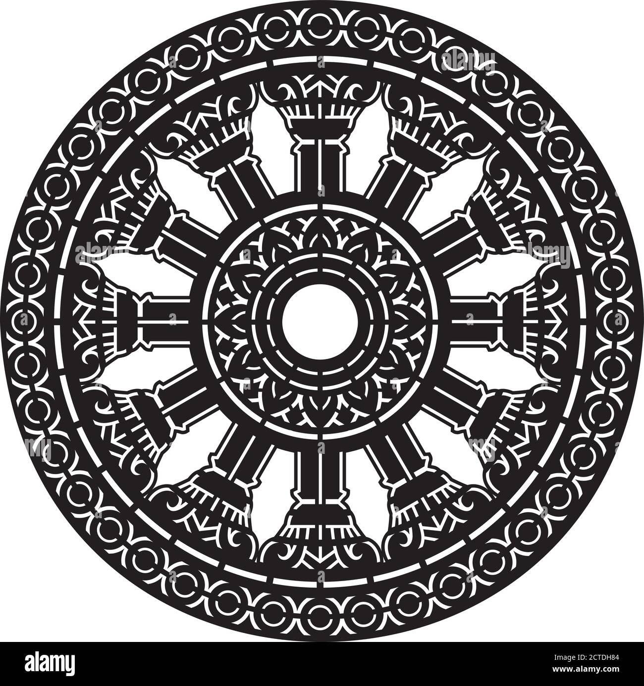 Dharma wheel in Buddhism religion concept stencil style. another name is Dhamma Chak or Wheel of Dharma Picture is used as a symbol of the Thai Sangha Stock Vector
