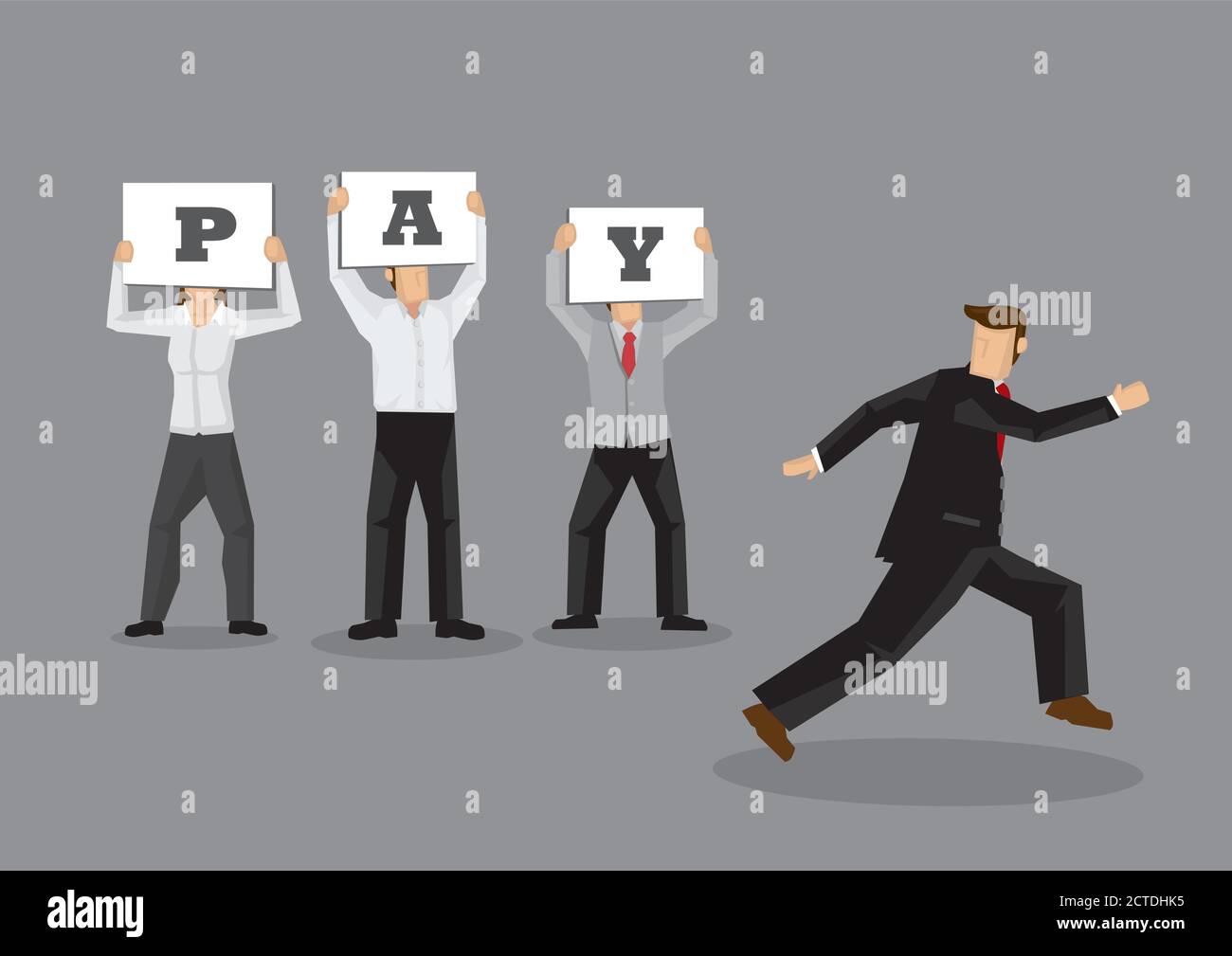 Angry workers holding placards asking for pay and employer running away. Creative cartoon vector business illustration on business strike concept isol Stock Vector