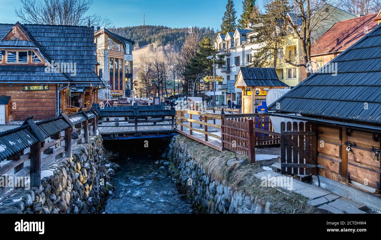 Zakopane, Poland, March 2019 Famous Krupowki promenade, main shopping area in Zakopane. Winter