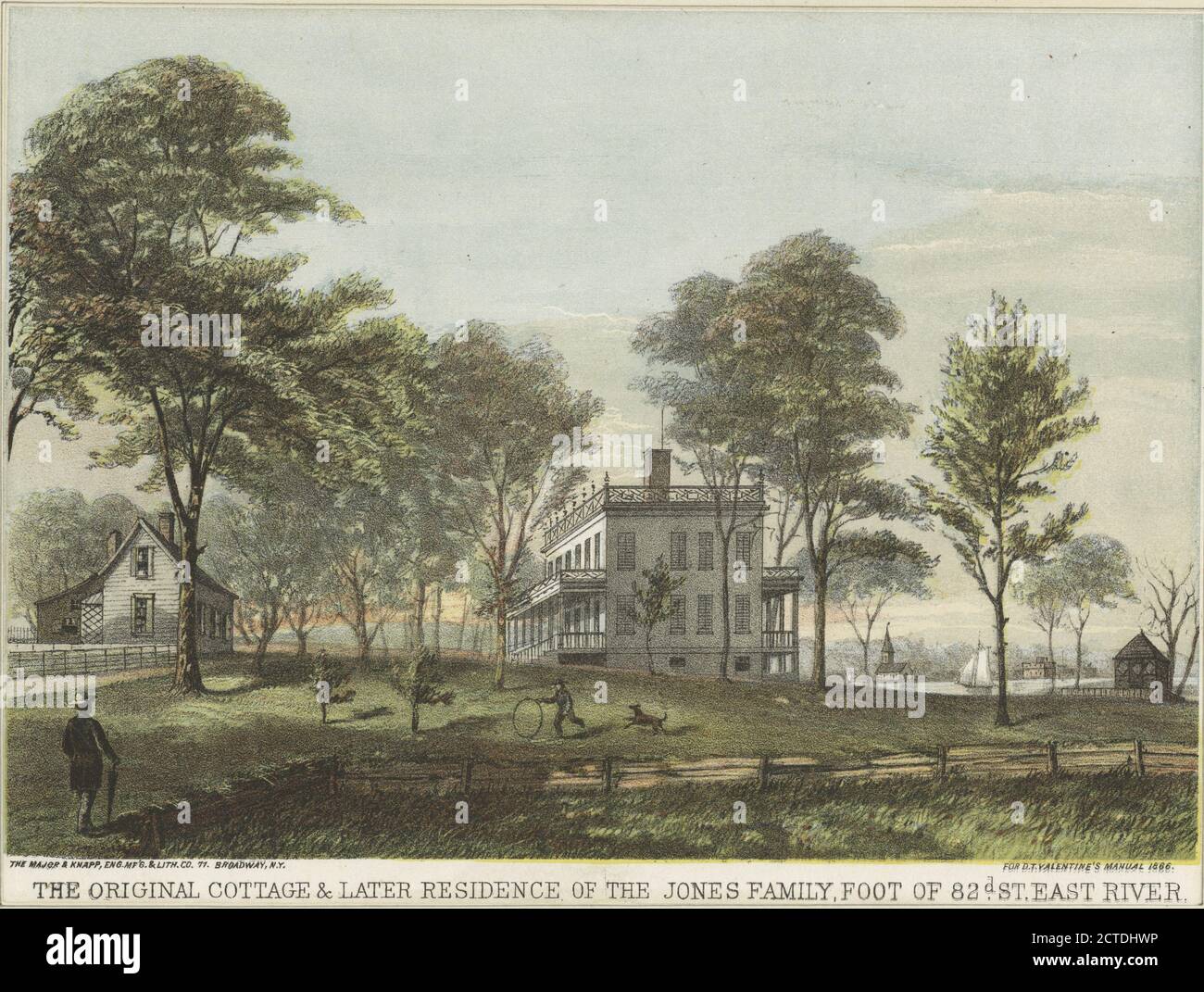 The Original Cottage & Later Residence of the Jones Family, foot of 82nd St. East River, still image, Prints, 1801 - 1886 Stock Photo