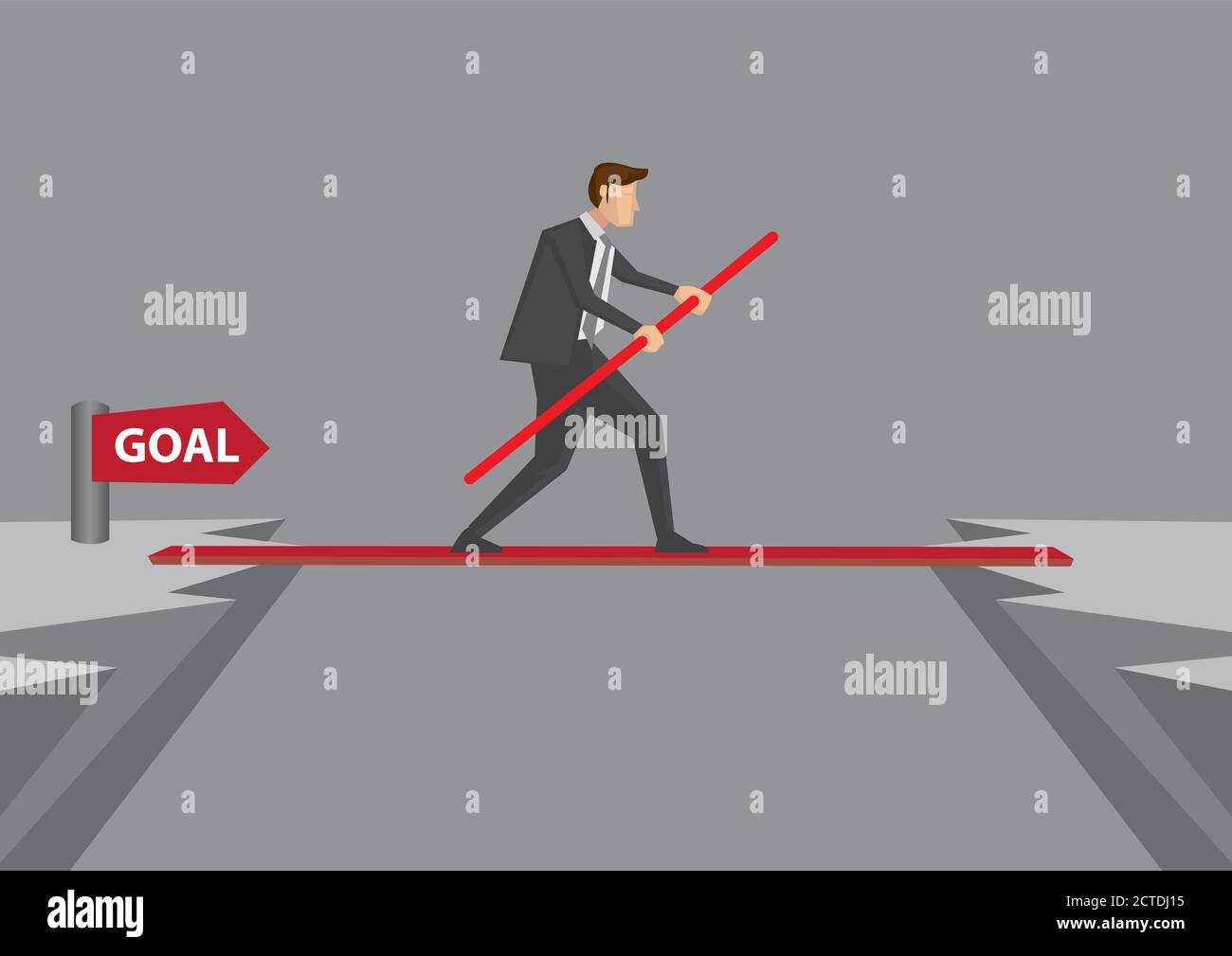 Man in business suit concentrating and balancing on tightrope to reach goal on other side of cliff. Conceptual vector illustration for taking risk and Stock Vector