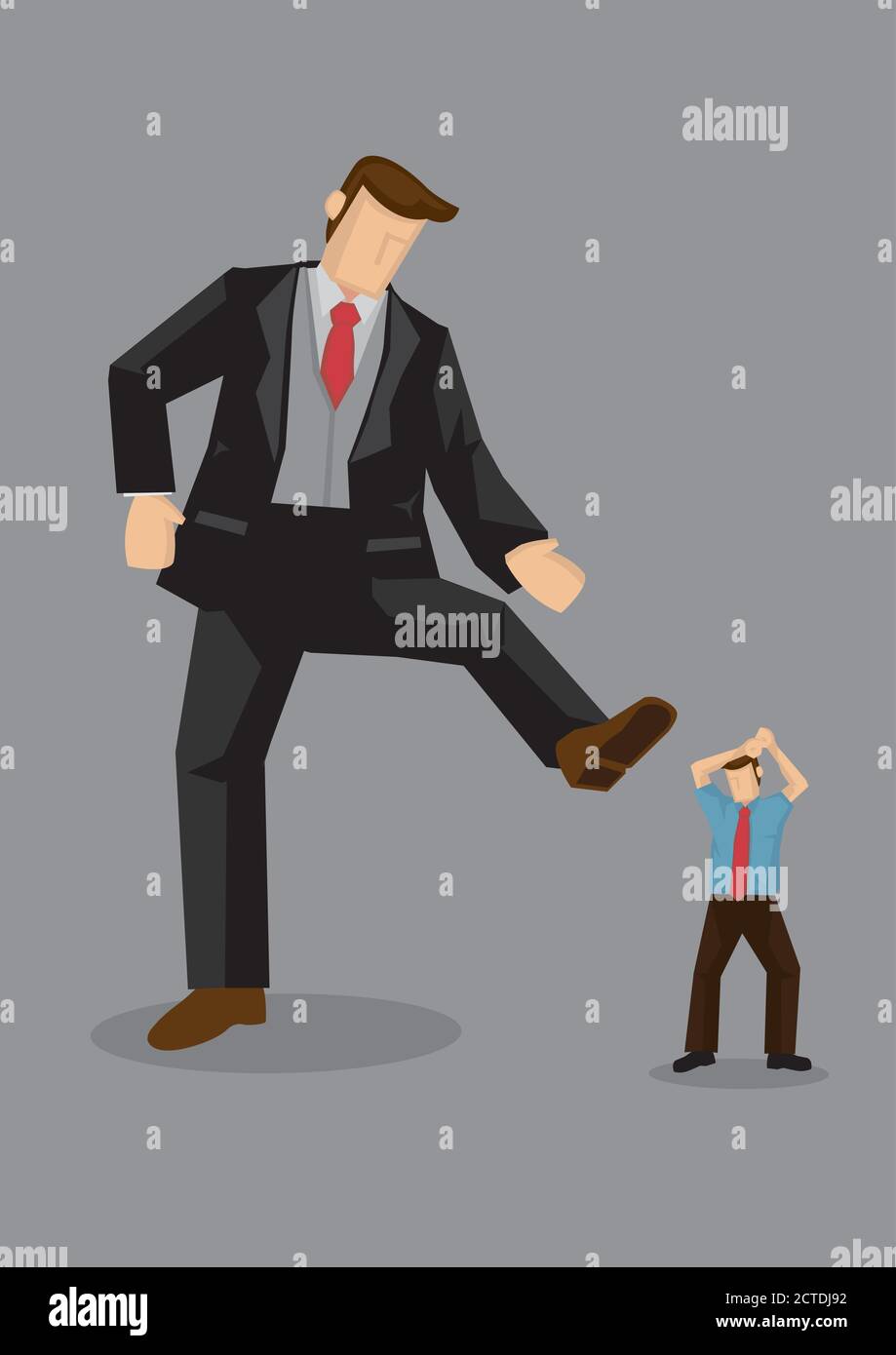 A giant rich man raising his foot to step on smaller man. Creative vector illustration on stepping on others metaphor isolated on grey background. Stock Vector