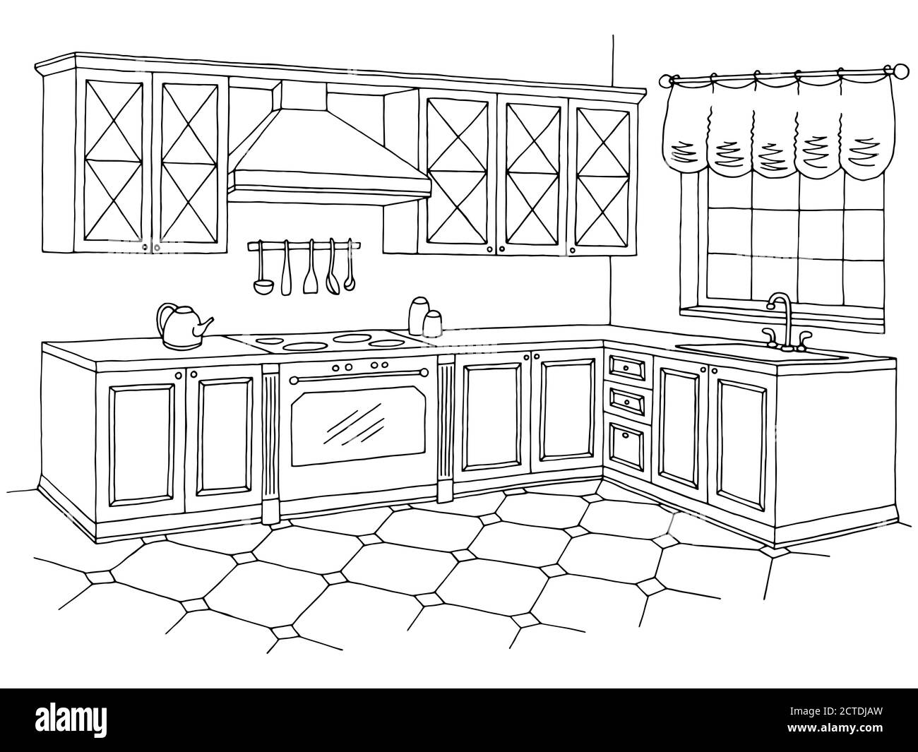 Kitchen graphic room interior black white sketch illustration vector Stock  Vector Image \u0026 Art - Alamy, image size:1300x1065